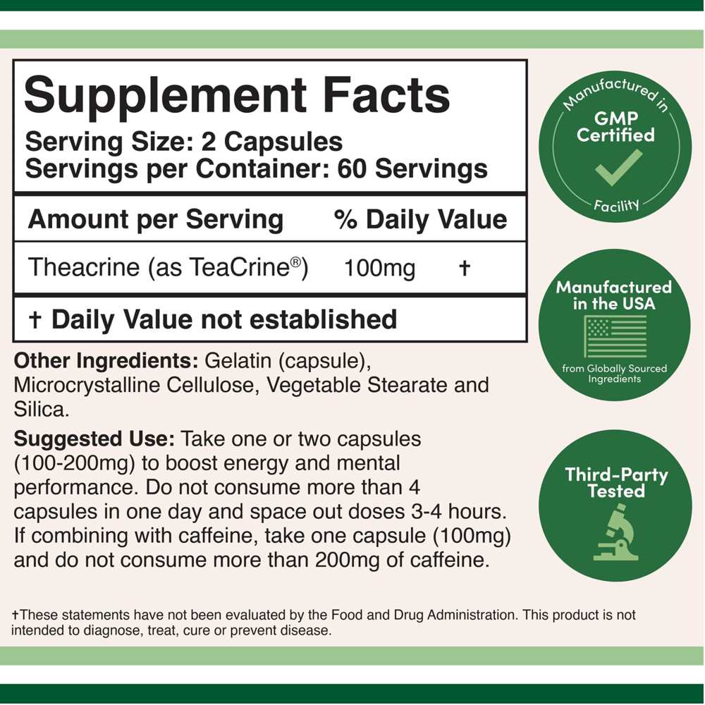 Double Wood® Theacrine – 100mg Mental Focus & Stamina Support | 60 Capsules