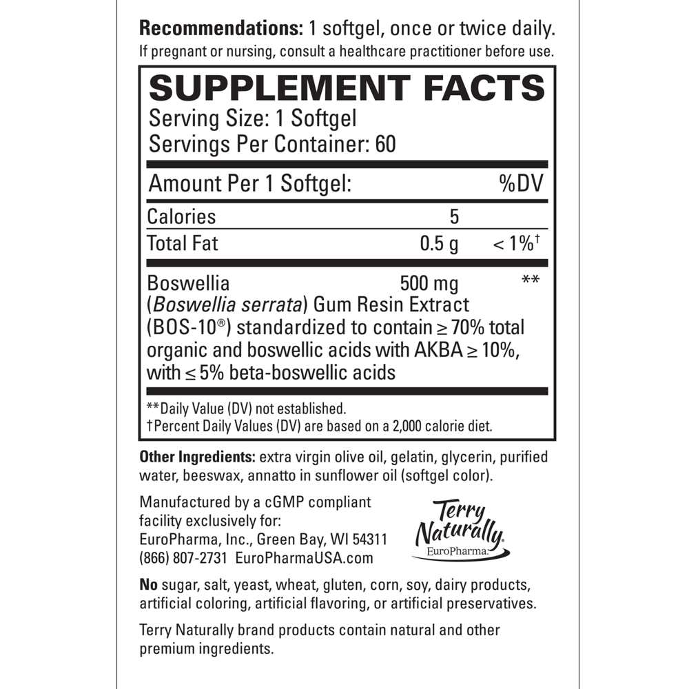 Terry Naturally Bos Med 500 | Clinically Studied Boswellia | up To 10 X More Akba | 60 Softgels