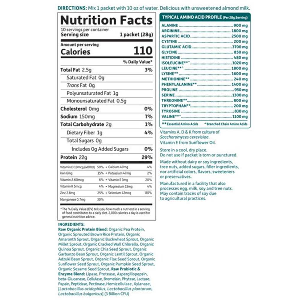 Garden of Life Raw Organic Protein Powder Unflavored - No Stevia 10 Packets 1oz (28g)