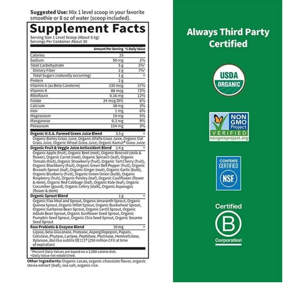 Garden of Life Raw Organic Perfect Food Green Superfood Chocolate Powder 285g