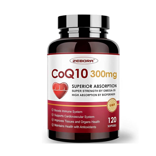 Zebora Co Q10 300mg Superior Absorption Softgels – Super Strength with Omega-3 & Bio Perine®, 120 Softgels | Immune & Cardiovascular Support Supplement