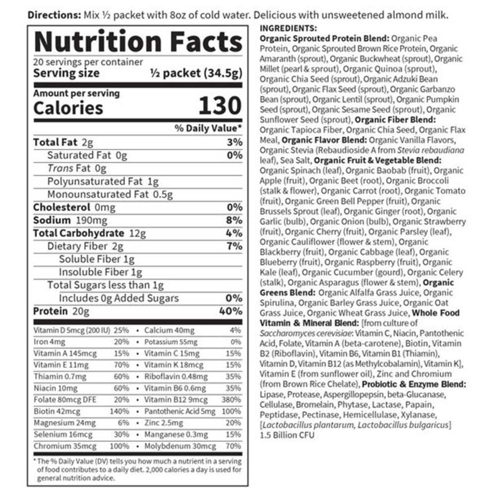 Garden of Life Raw Organic Meal Shake & Meal Replacement Vanilla 10 Packets 2.4 Oz (69g) Powder