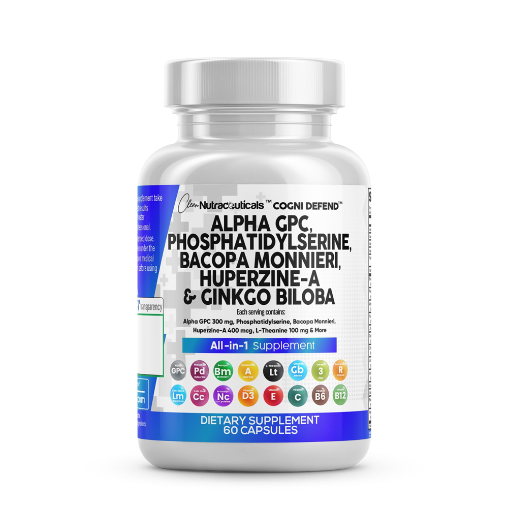 Clean Nutraceuticals Cogni Defend - Alpha GPC, Phosphatidylserine, Bacopa Monnieri, Huperzine-A & Ginkgo Biloba - Brain Support & Cognitive Health - 60 Capsules