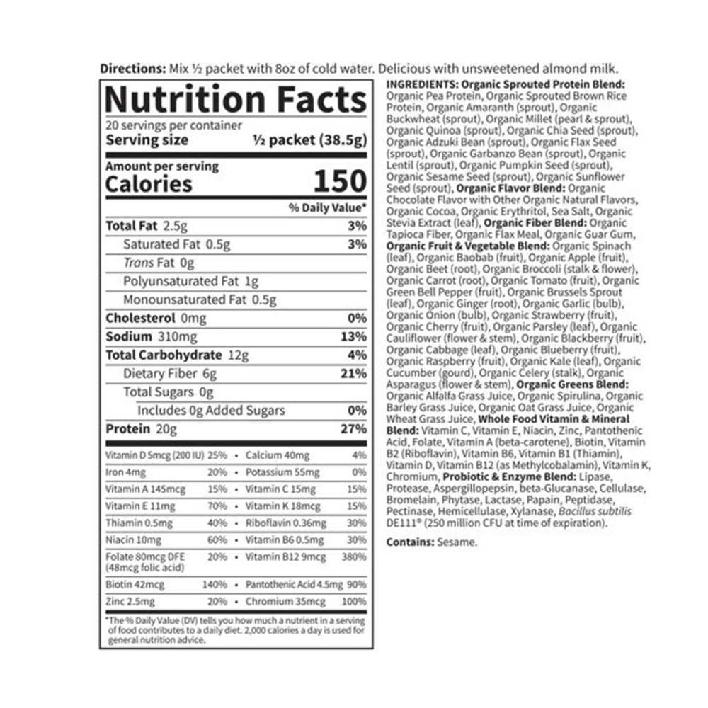 Garden of Life Raw Organic Meal Shake & Meal Replacement Chocolate 10 Packets 2.6 Oz (73g) Powder