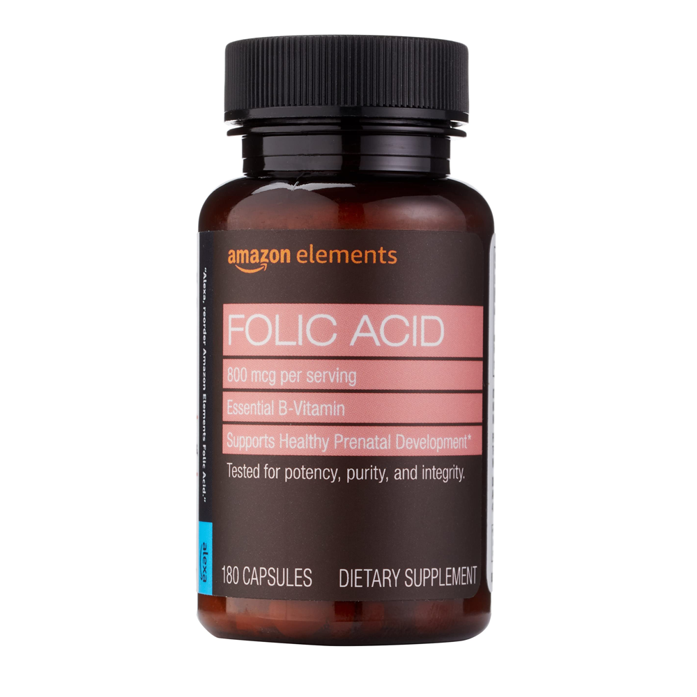 Amazon Elements Folic Acid 800 MCG Per Serving 180 Capsules - Supports Healthy Prenatal Development