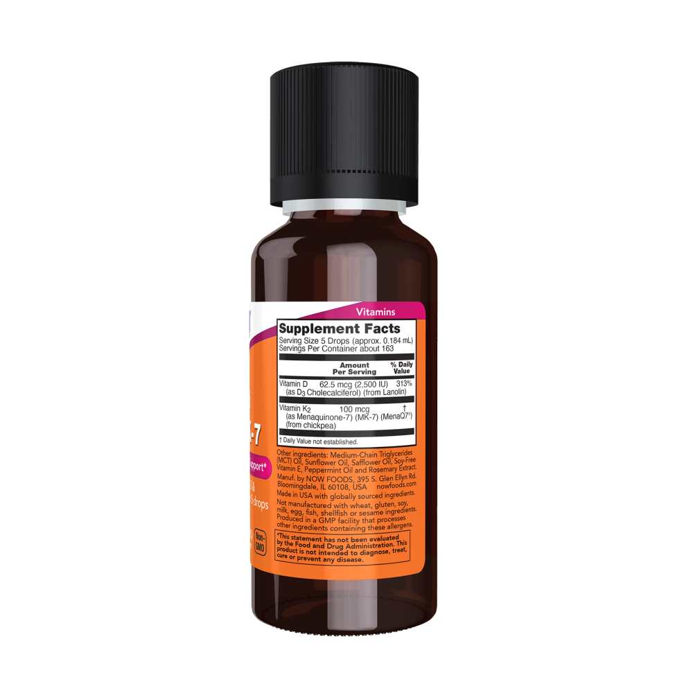 Now Foods Liquid D-3 & Mk-7 – Vitamin D3 2,500 Iu with K2 100 Mcg – Mint Flavor – 30 M L Dropper