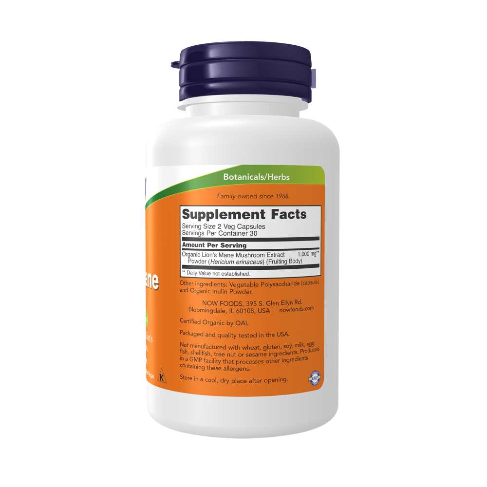Now Foods Lion’s Mane 500 Mg – Organic Super Mushroom for Brain & Nerve Support – 60 Veg Capsules