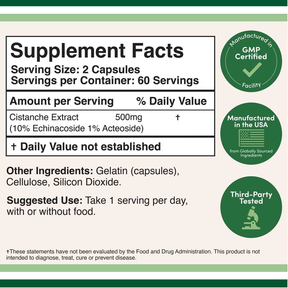 Double Wood Cistanche Extract – 500 Mg per Serving – 120 Capsules