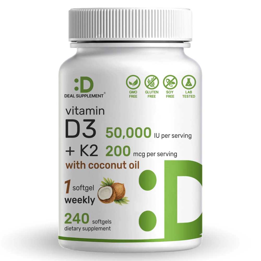Deal Supplement Vitamin D3 50,000 IU + K2 MK7 200 mcg, 240 Softgels