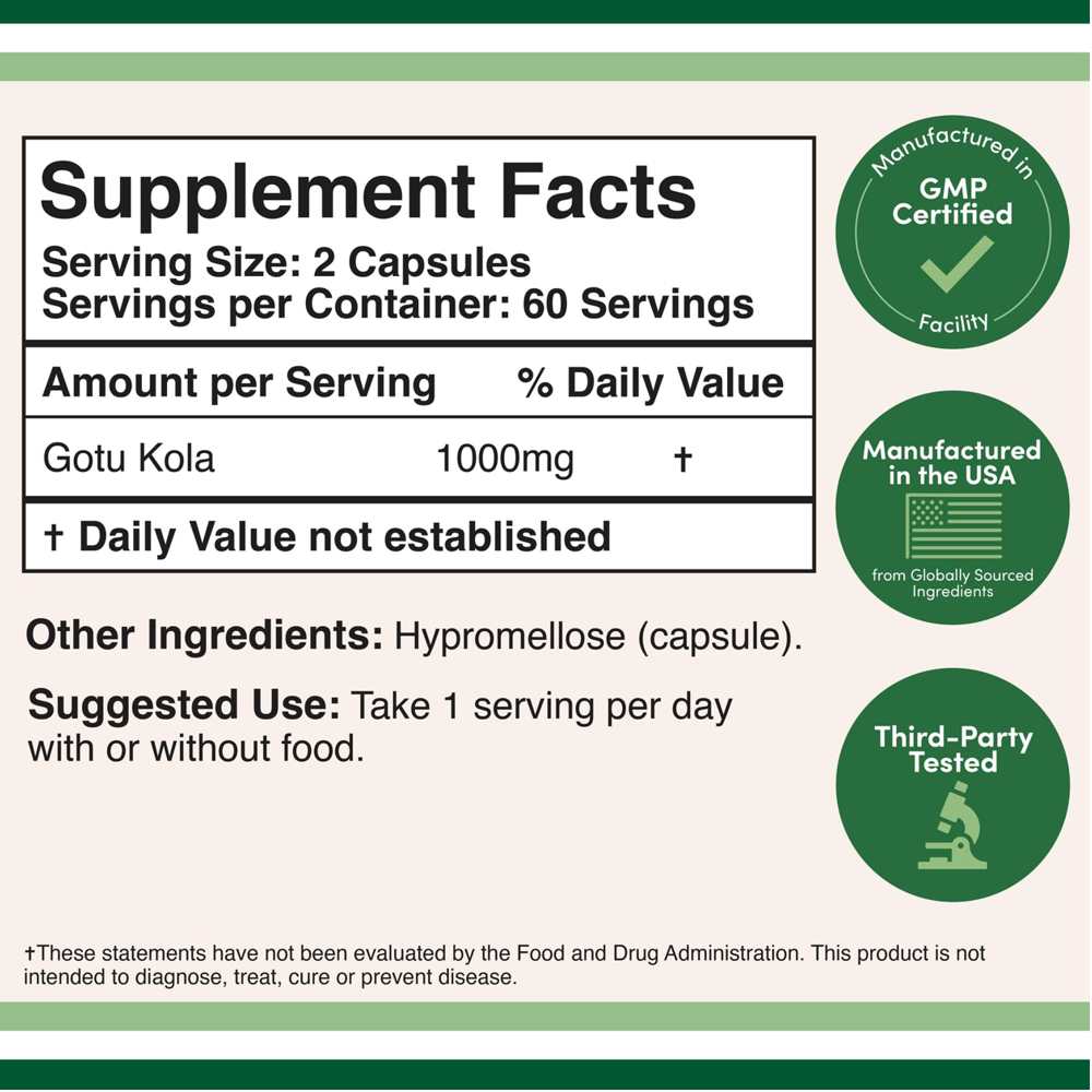 Double Wood Gotu Kola – 1000mg Herbal Support for Focus, Circulation & Skin | 120 Capsules