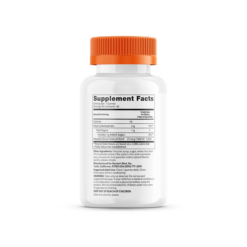 Doctor's Best Doc's Kids, Vitamin D3 Gummies, All Natural Fruit, 25 Mcg (1,000 Iu), 60 Natural Fruit Pectin Gummies