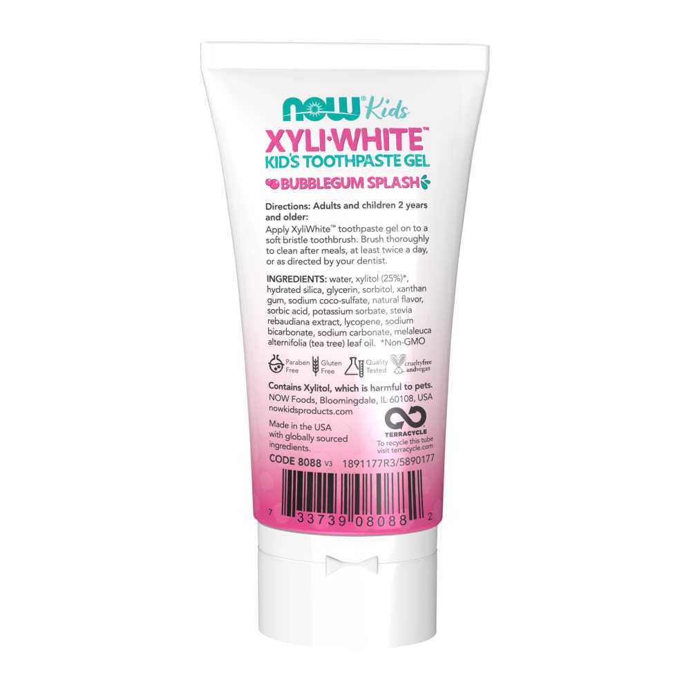 Now Foods Xyli White™ Bubblegum Splash Toothpaste Gel for Kids – Fluoride-Free with Xylitol – Gentle Oral Care – 85 G