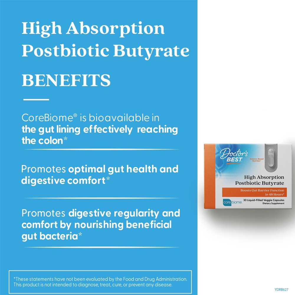 Doctor's Best High Absorption Postbiotic Butyrate, 300 Mg, 30 Liquid-Filled Veggie Capsules