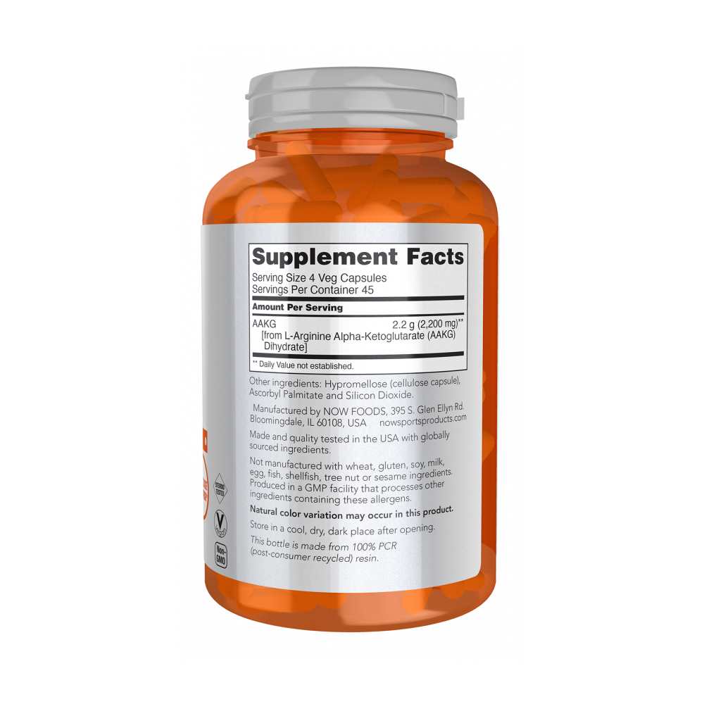 Now Sports Aakg 2200 – Arginine Alpha-Ketoglutarate Formula – Nitric Oxide Booster Veg Capsules – 180 Count
