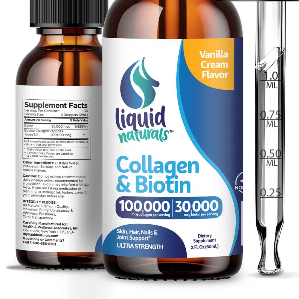 Liquid Naturals Collagen & Biotin – 100,000 Mcg + 30,000 Mcg | Ultra Strength Liquid | 2 Fl Oz