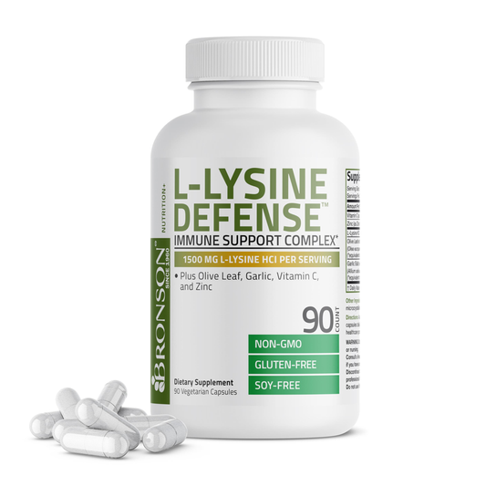 Bronson L-Lysine Defense - 1500mg L-Lysine HCl with Olive Leaf, Garlic, Vitamin C & Zinc - 90 Vegetarian Capsules