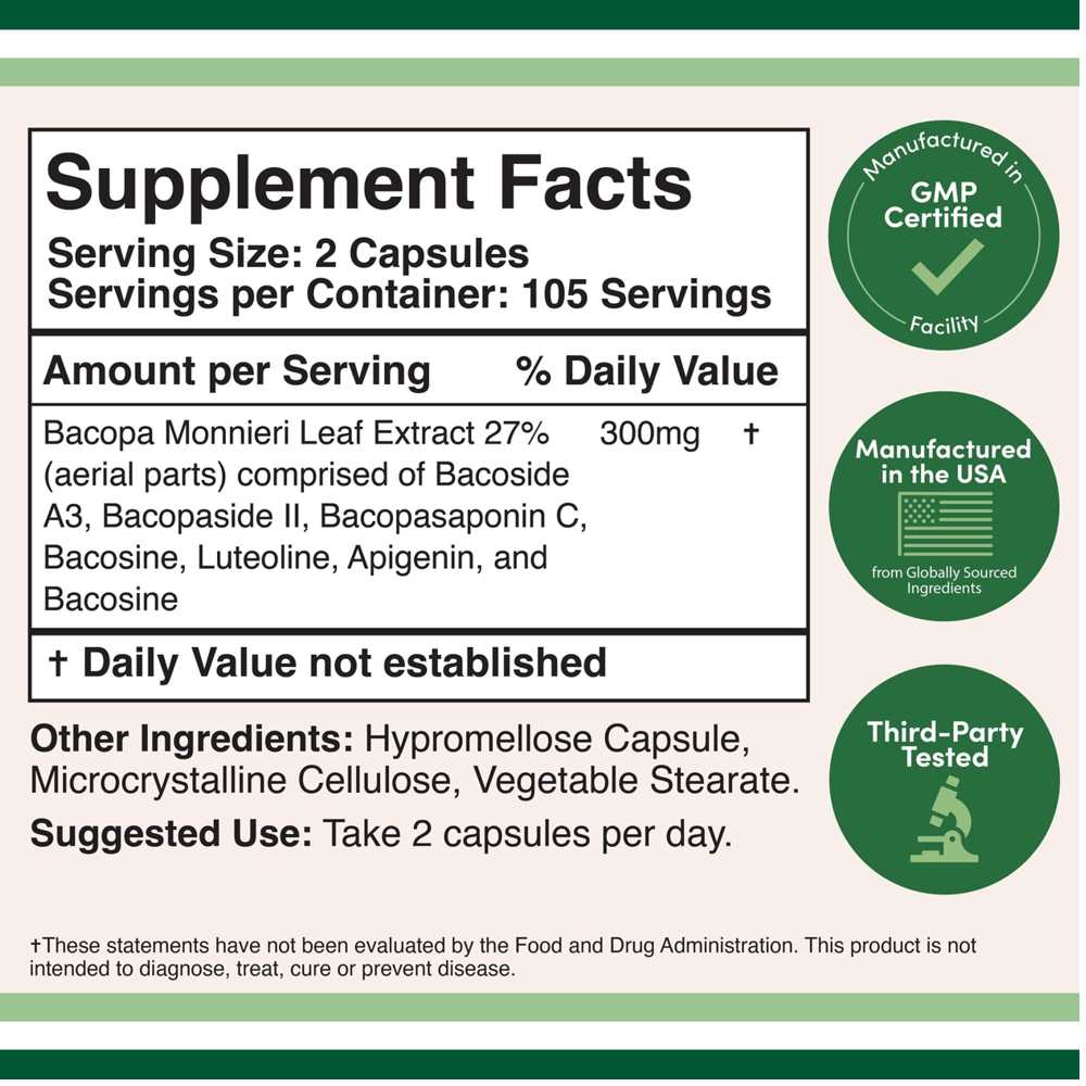 Double Wood Baco Mind™ – 300mg Clinically Studied Bacopa Monnieri | 210 Capsules