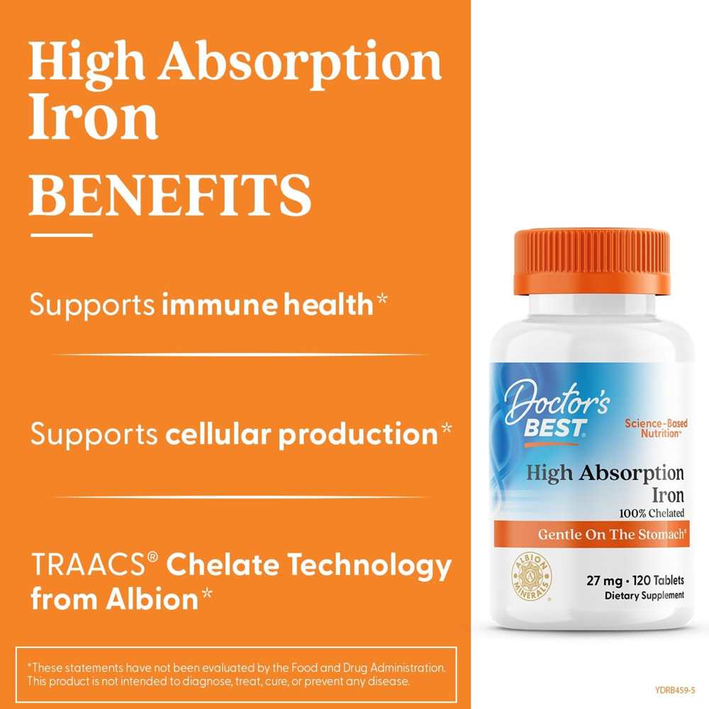 Doctor's Best High Absorption Iron with Ferrochel, 27 Mg, 120 Tablets