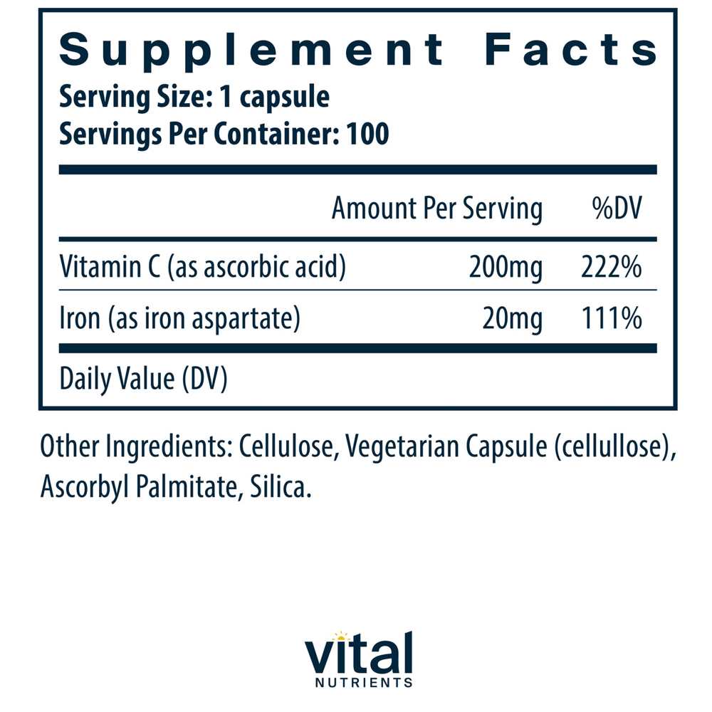 Vital Nutrients Iron Plus C 20mg/200mg 100 Caps
