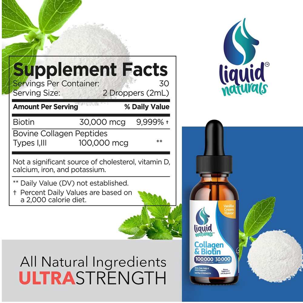 Liquid Naturals Collagen & Biotin – 100,000 Mcg + 30,000 Mcg | Ultra Strength Liquid | 2 Fl Oz