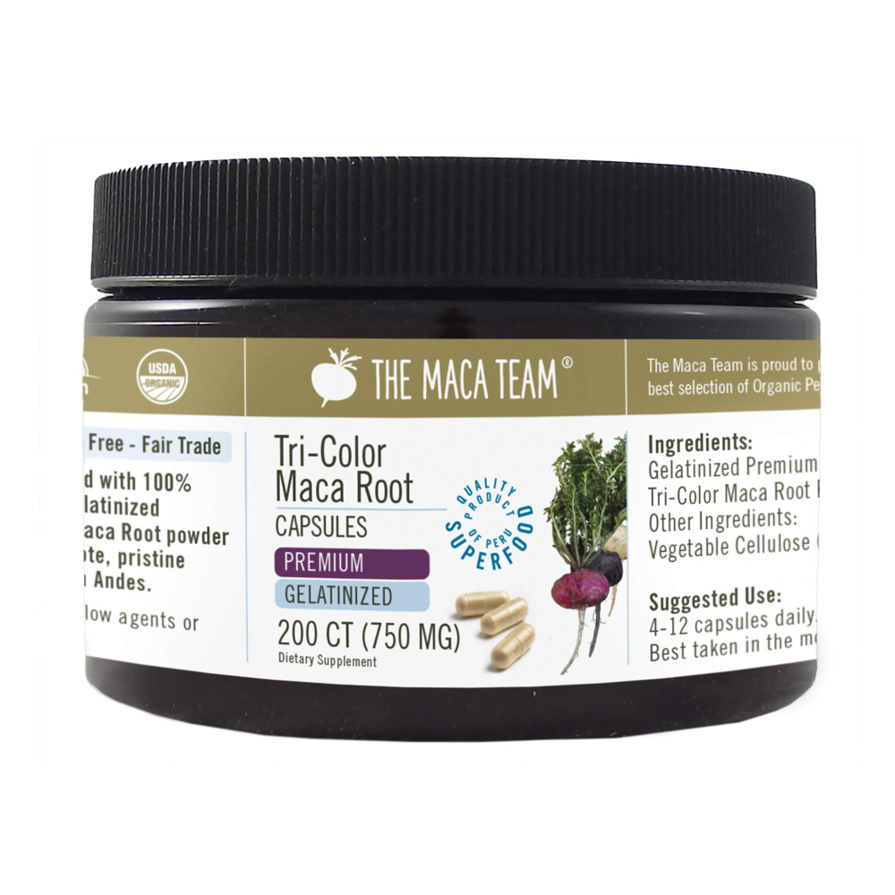 The Maca Team Tri-Color Maca Root Capsules - Premium Gelatinized | 750MG | 200 CT | Organic & Fair Trade
