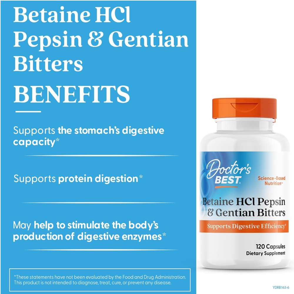 Doctor's Best Betaine H Cl Pepsin & Gentian Bitters, 120 Capsules