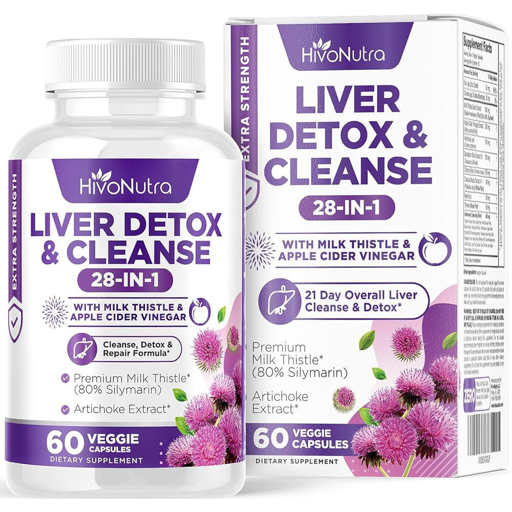 HivoNutra Liver Detox & Cleanse 28-in-1 - Milk Thistle, Apple Cider Vinegar, Artichoke Extract - 60 Veggie Capsules