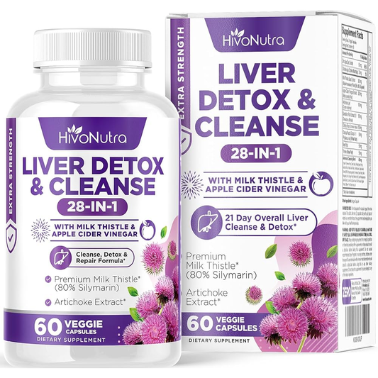 HivoNutra Liver Detox & Cleanse 28-in-1 - Milk Thistle, Apple Cider Vinegar, Artichoke Extract - 60 Veggie Capsules