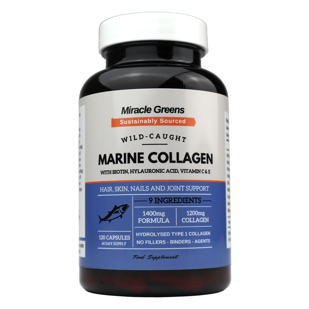 Miracle Greens Marine Collagen – Wild-Caught with Biotin, Hyaluronic Acid & Vitamins C & E – 120 Capsules