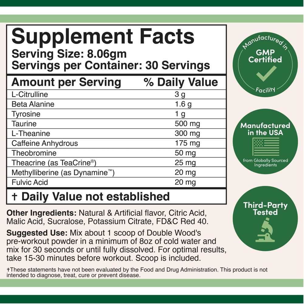 Double Wood Dws Pre-Workout – Energy, Focus & Pump Formula with Caffeine, Dynamine & Citrulline | Watermelon | 241.8g