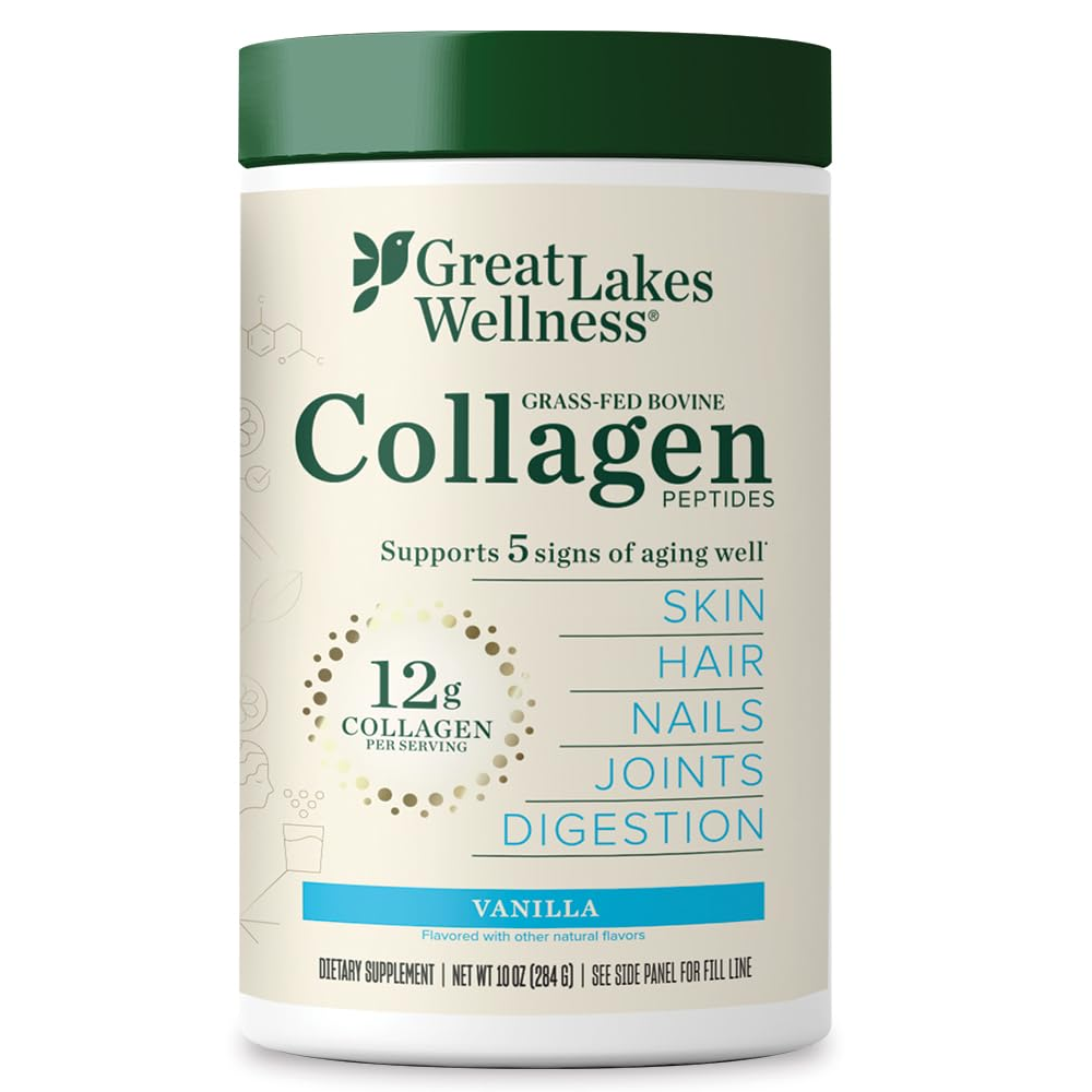 Great Lakes Wellness Collagen Peptides - Grass-Fed Bovine, 12g Per Serving, Vanilla Flavor - Skin, Hair, Nails, Joints & Digestion Support