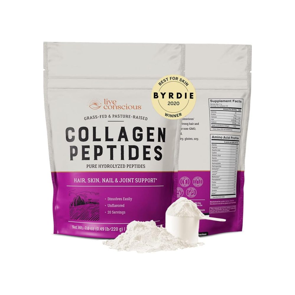 Live Conscious Collagen Peptides - Grass-Fed Hydrolyzed Powder for Hair, Skin & Joint Support - 220g