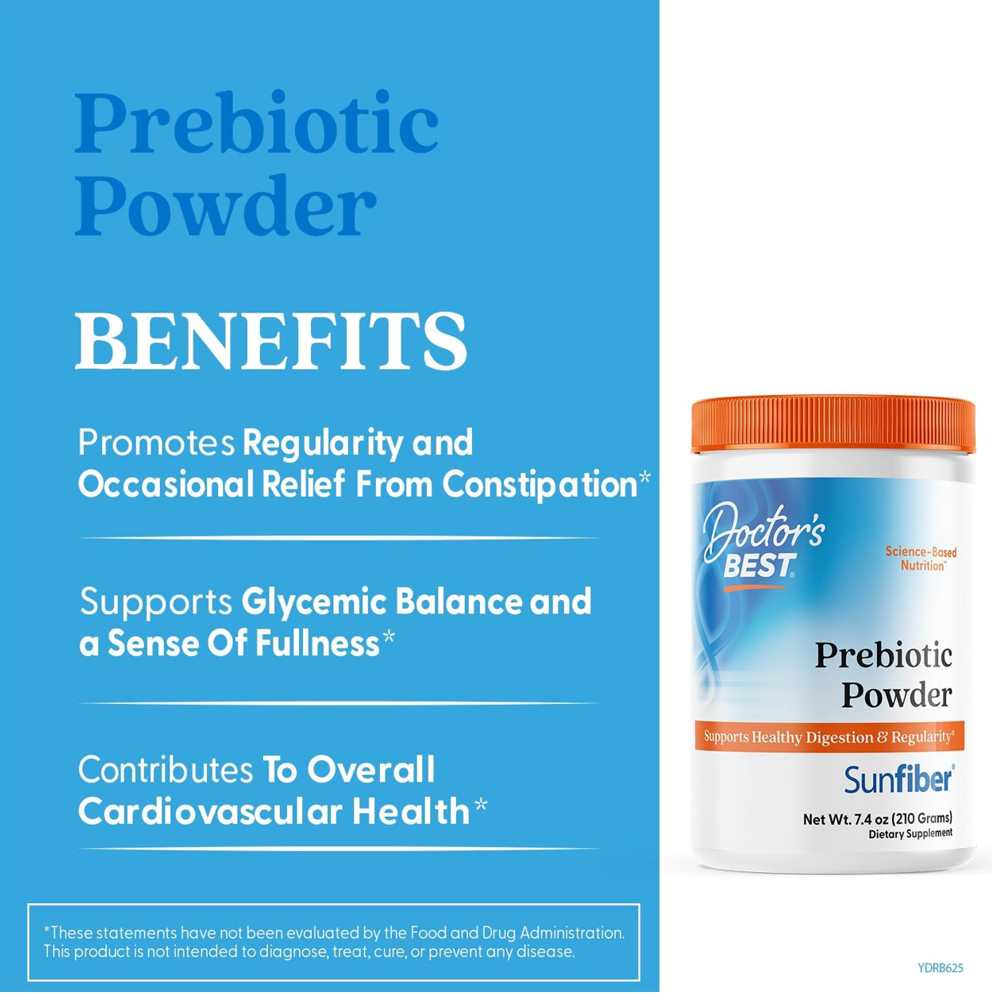 Doctor's Best Prebiotic Powder, Sunfiber®, Unflavored, 210g