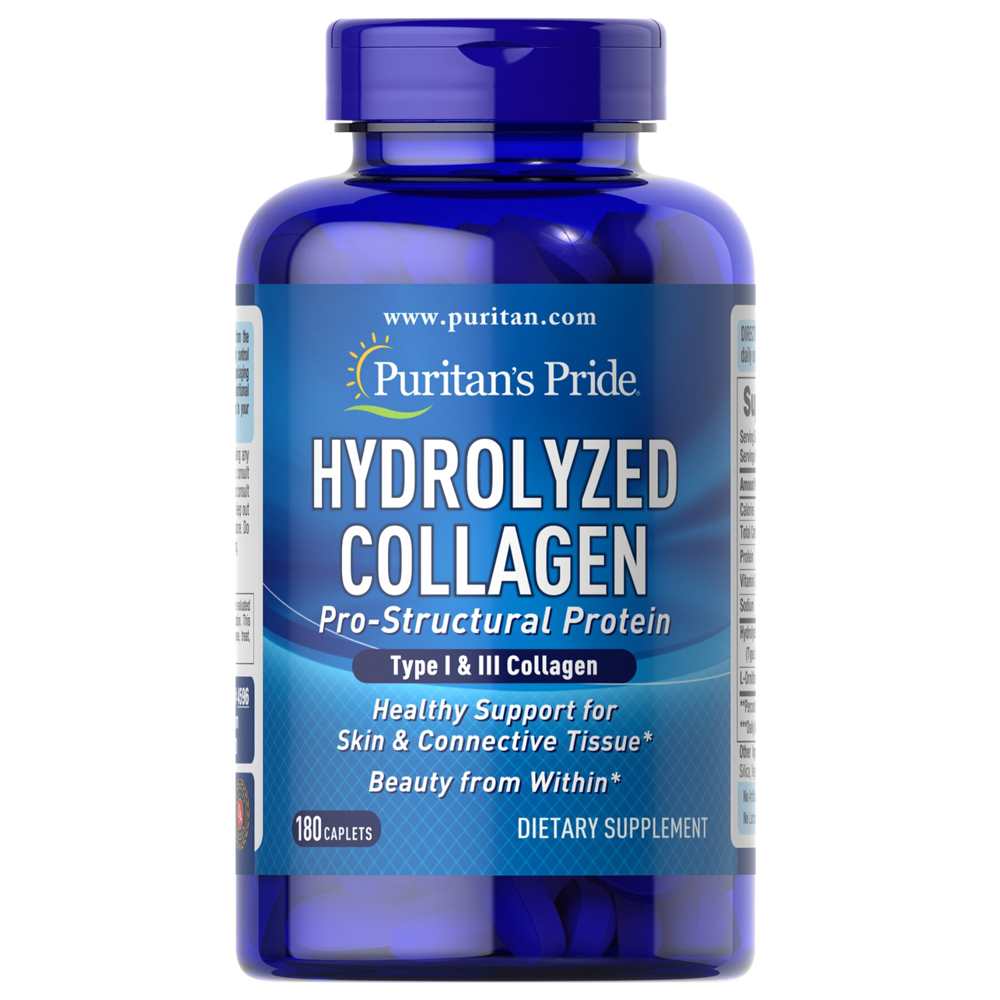 Puritan’s Pride Hydrolyzed Collagen – 180 Caplets | Type I & III | Beauty & Tissue Support