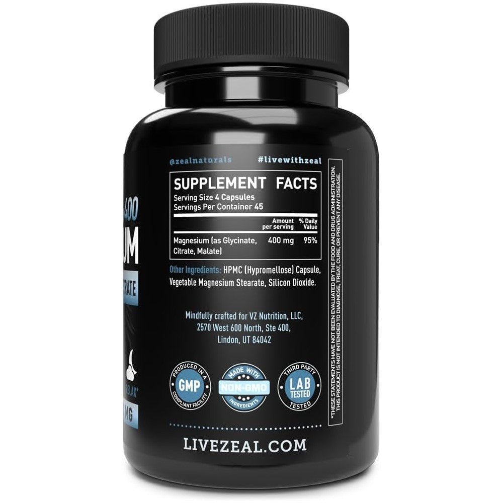 Premium Chelated Magnesium Glycinate - Malate 400MG By Zeal Naturals