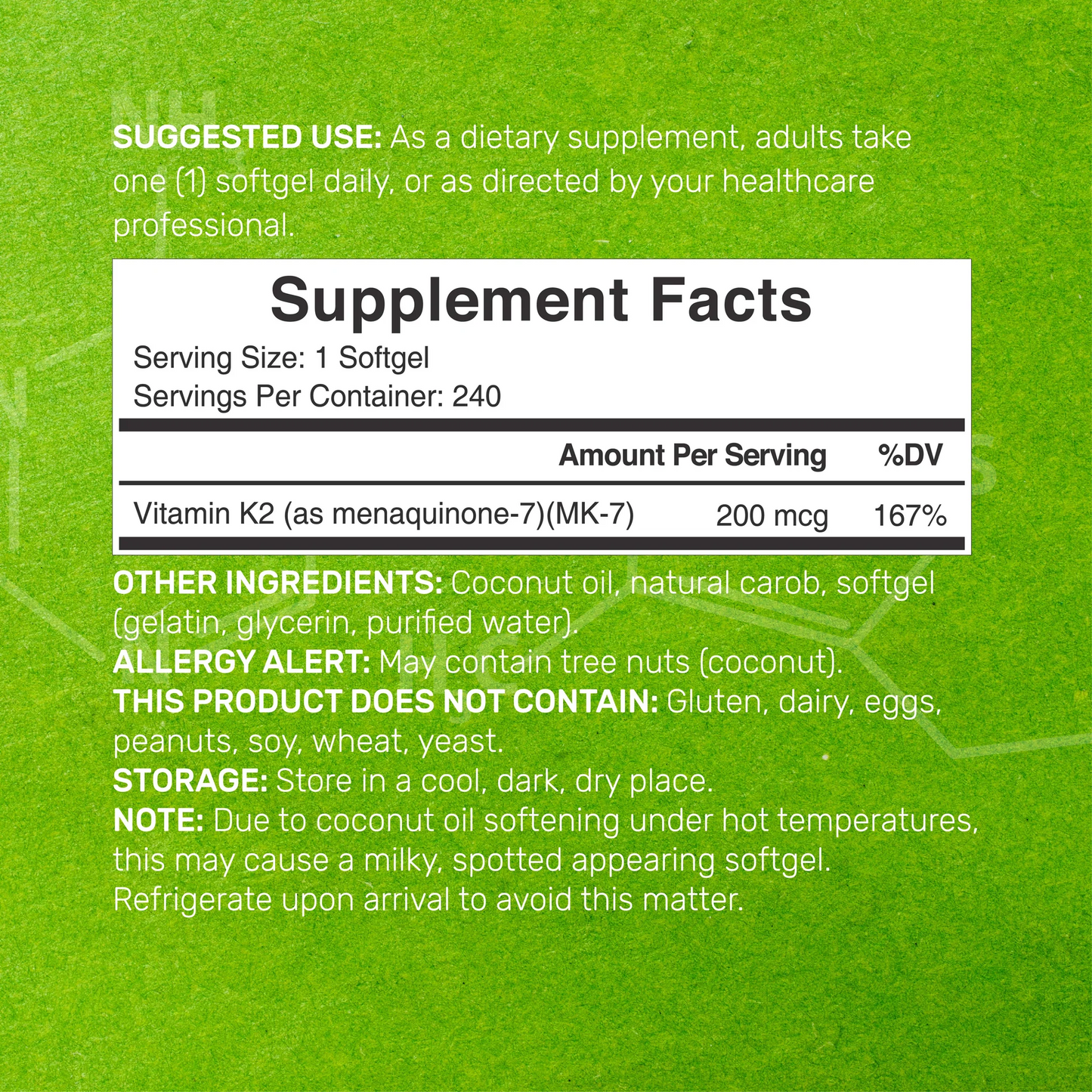 Deal Supplement Vitamin K2 (MK-7) 200mcg, 240* Virgin Coconut Oil Softgels