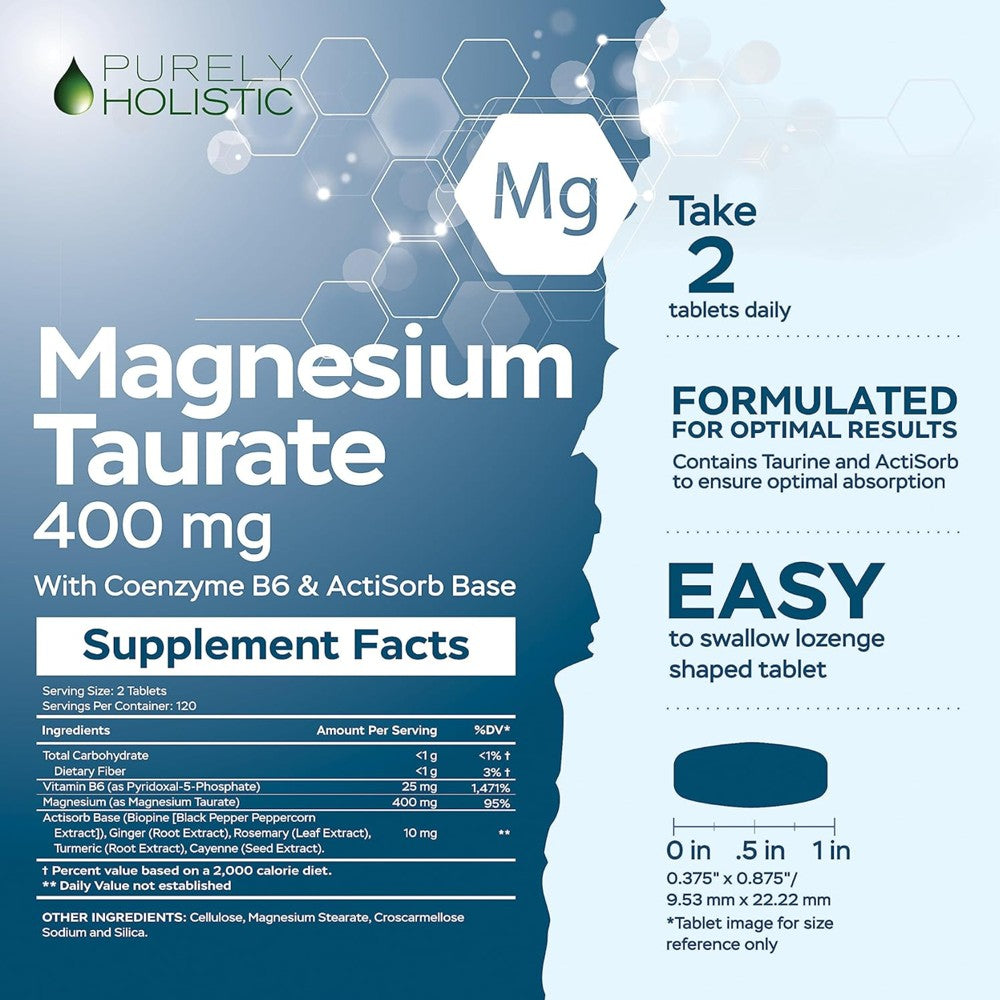 Purely Holistic Magnesium Taurate 400mg with Coenzyme B6 - 240 Tablets