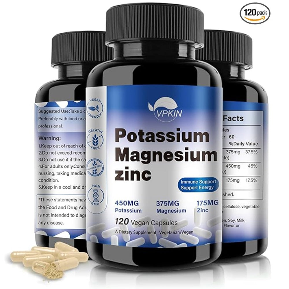 VPKIN Potassium Magnesium Zinc – 120 Vegan Capsules | Essential Mineral Supplement
