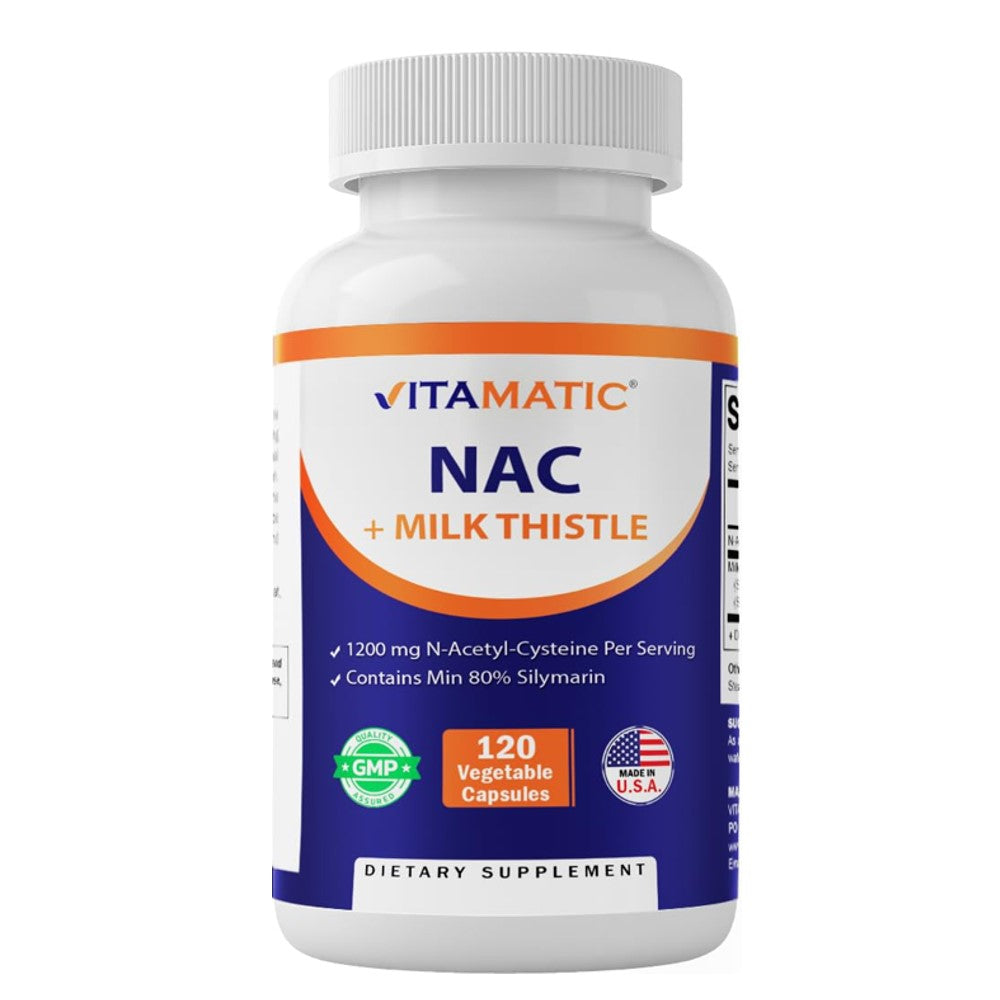 Vitamatic NAC + Milk Thistle – 1200mg N-Acetyl-Cysteine with 80% Silymarin | Liver & Antioxidant Support | 120 Veg Capsules