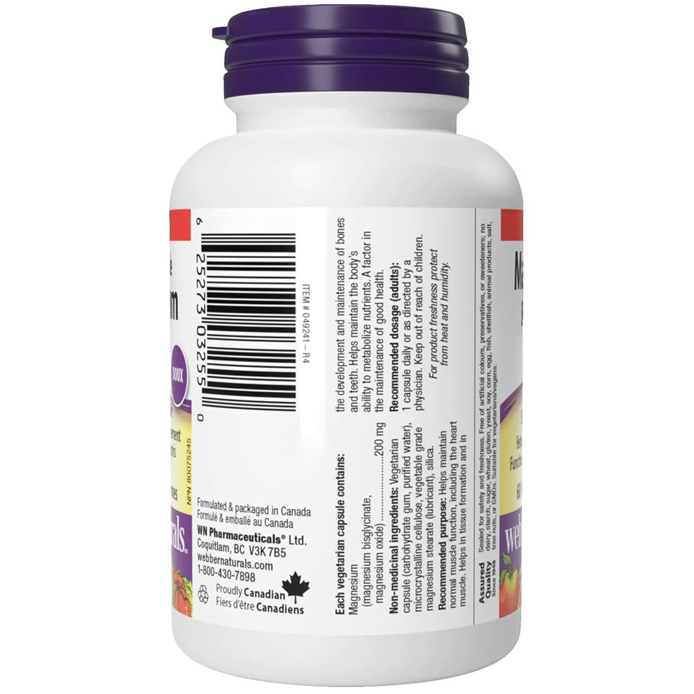 Webber Naturals Magnesium Bisglycinate 200mg – Gentle Formula 60 Capsules