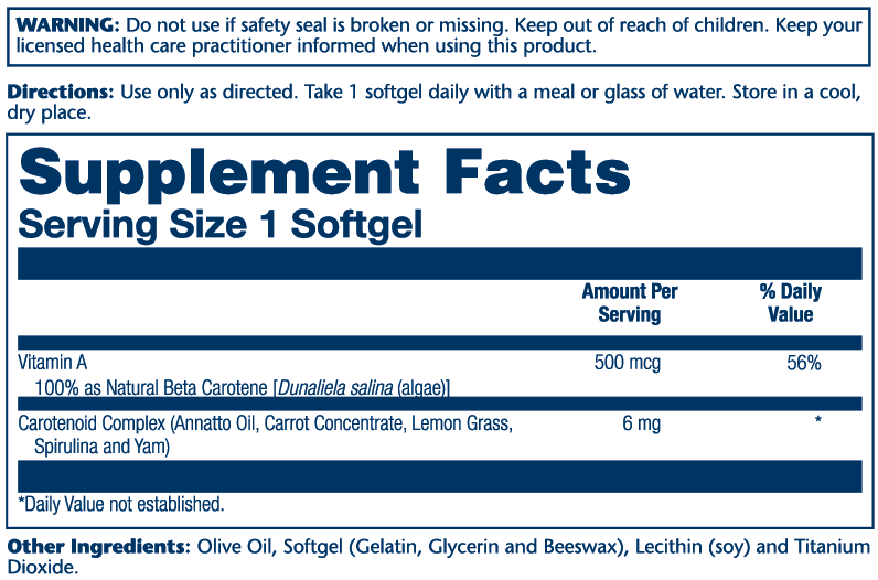 Solaray Food Carotene, Vitamin A As Beta Carotene 500 mcg 100 softgels