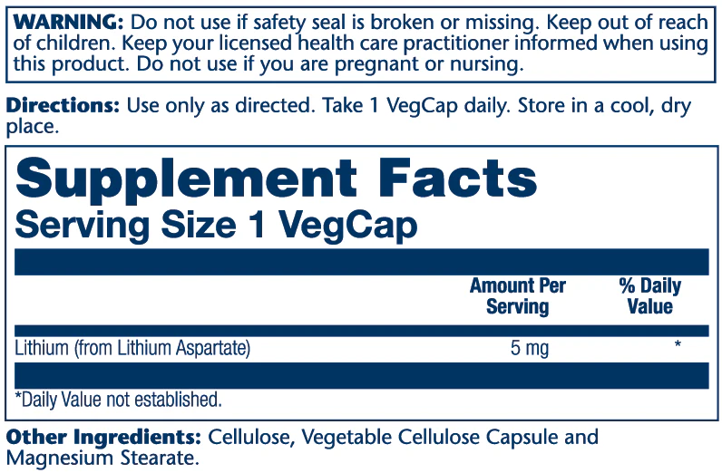 Solaray Lithium Aspartate 5mg 100 Caps