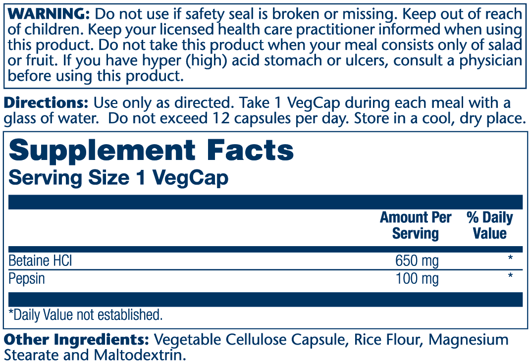 Solaray High Potency Betaine H Cl with Pepsin 100 Caps