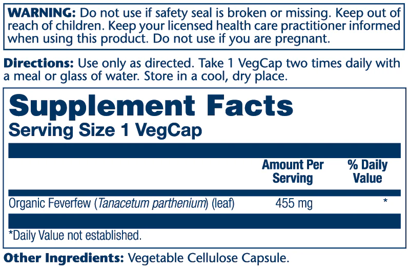Solaray Feverfew Leaf 455mg 100 Caps