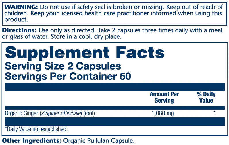 Solaray Organic Ginger Root 1080mg 100 Caps