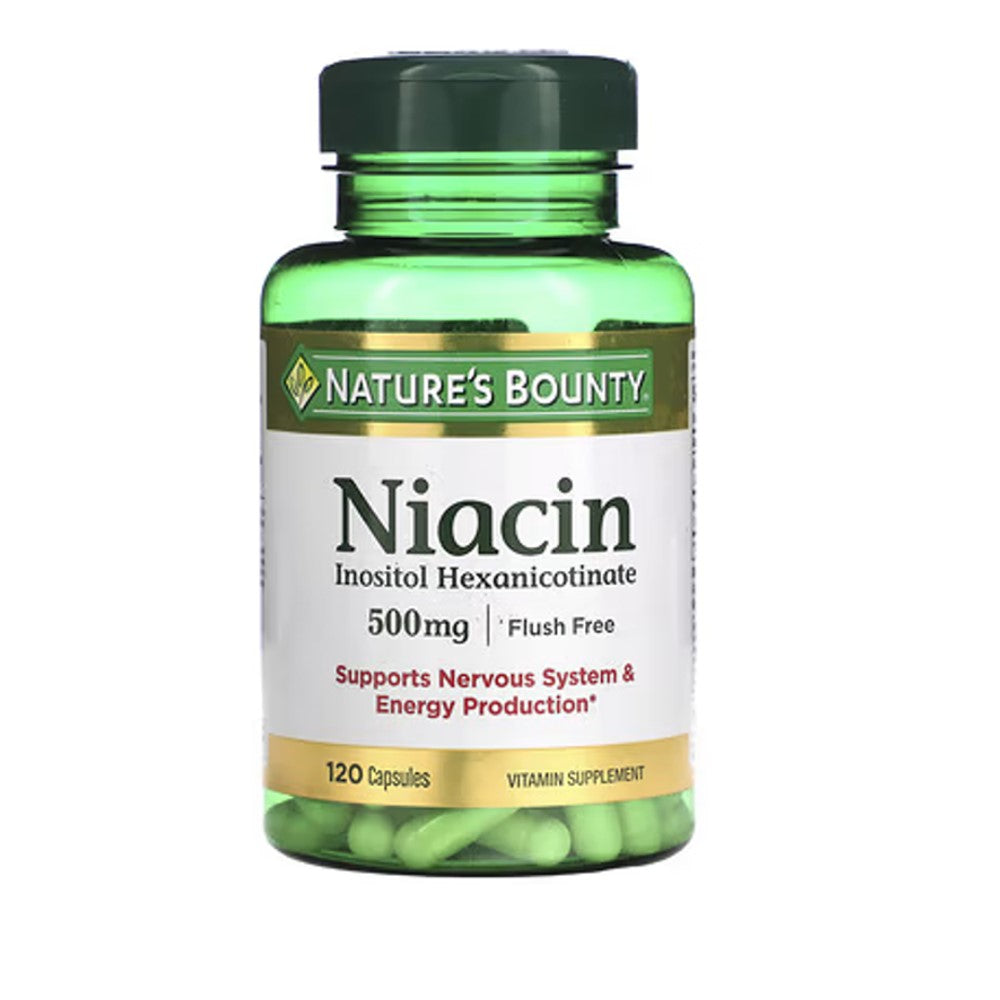 NATURE'S BOUNTY Niacin Inositol Hexanicotinate 500mg Flush-Free | Supports Nervous System & Energy Production | 120 Vegan Capsules | MISAMEN SUPPLEMENT