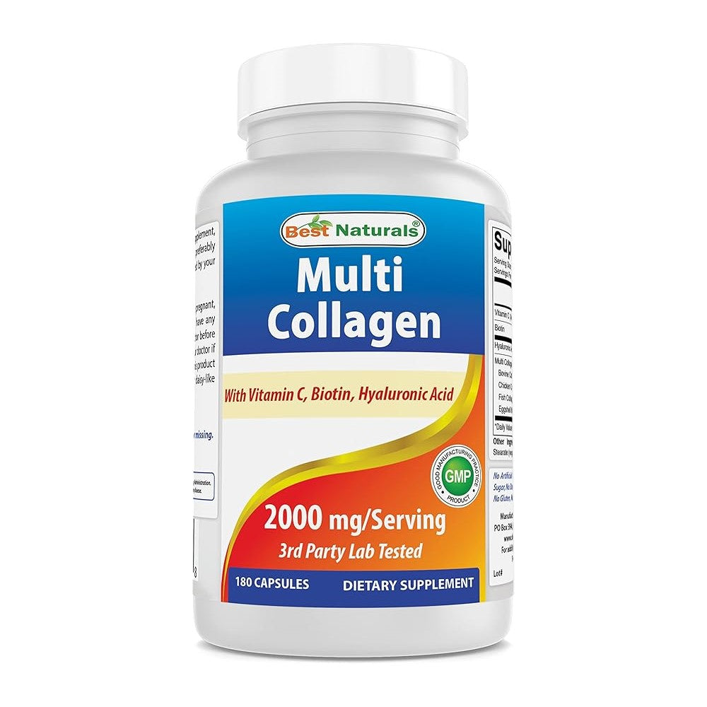 Best Naturals Multi Collagen with Vitamin C, Biotin & Hyaluronic Acid – 2000mg per Serving GMP Certified | 3rd Party Lab Tested | Dietary Supplement | 180 Capsules