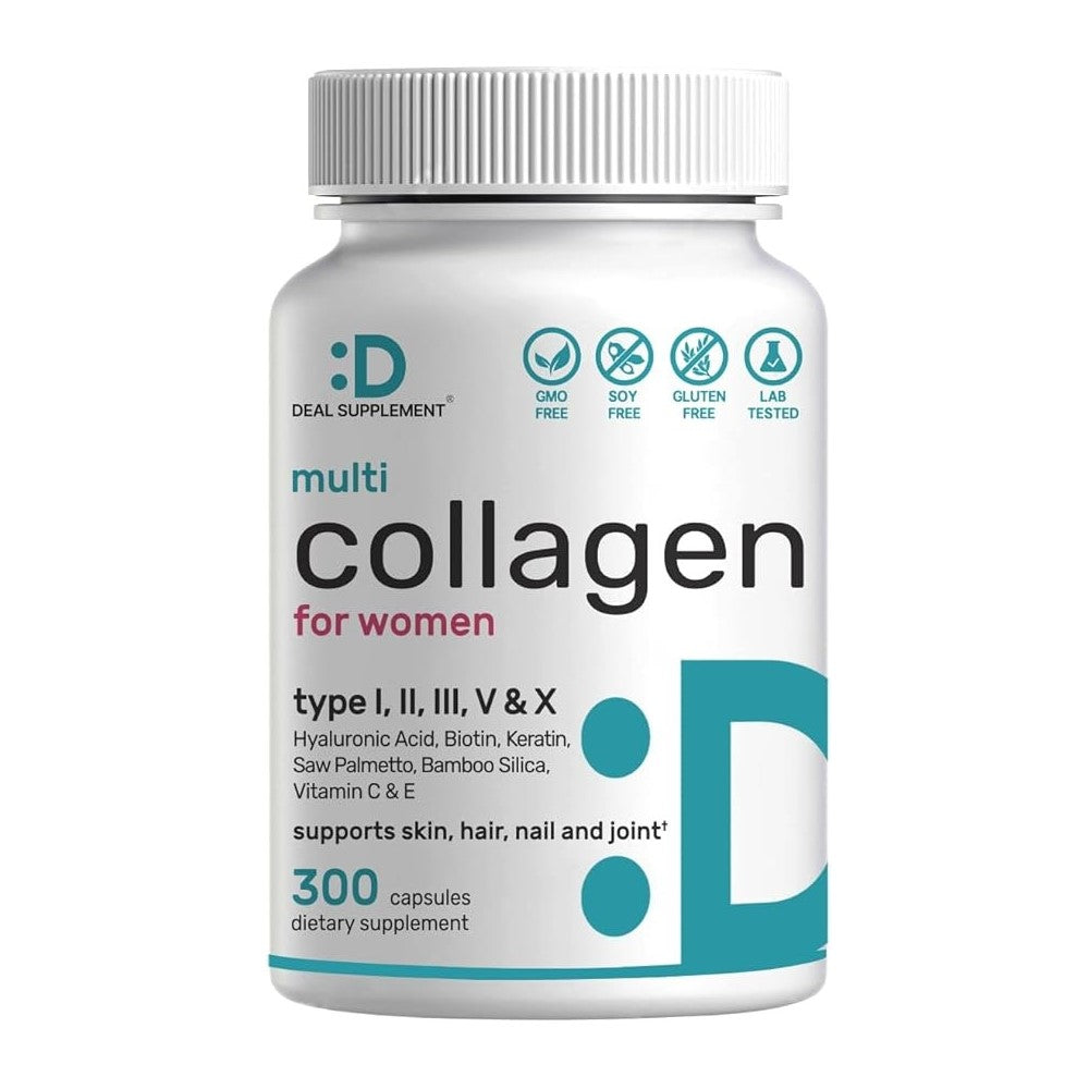 HAL Supplement Multi-Collagen for Women – Types I, II, III, V & X with Hyaluronic Acid, Biotin, Keratin, Saw Palmetto, Bamboo Silica, Vitamin C & E Supports Skin, Hair, Nails & Joints | 300 Capsules