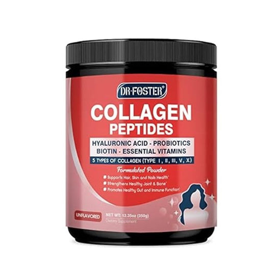 Dr. Foster Collagen Peptides with Hyaluronic Acid, Probiotics, Biotin & Essential Vitamins Supports Hair, Skin, Nails, Bone Health, Joint Strength & Gut Function | 5 Types of Collagen (Type I, II, III, V, X) | 500g (11lb)
