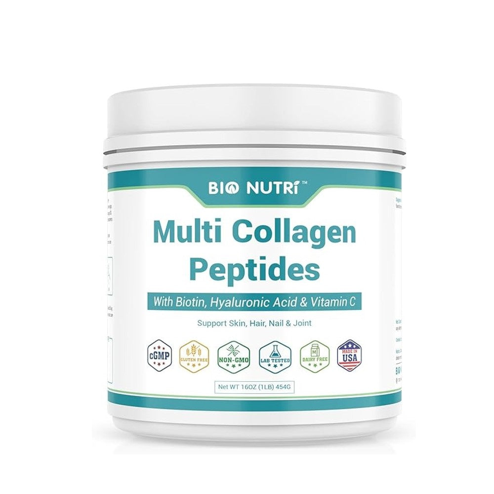 Bio Nutri Multi Collagen Peptides with Biotin, Hyaluronic Acid & Vitamin C – Supports Skin, Hair, Nails & Joints GMP Certified | Made in USA | Dietary Supplement